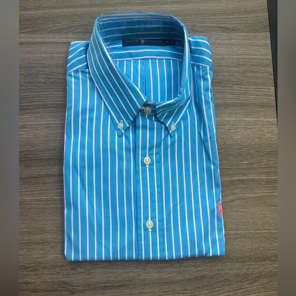 Polo Ralph Lauren Men's Striped Poplin Sport Shirt (Large, Light Blue/White)